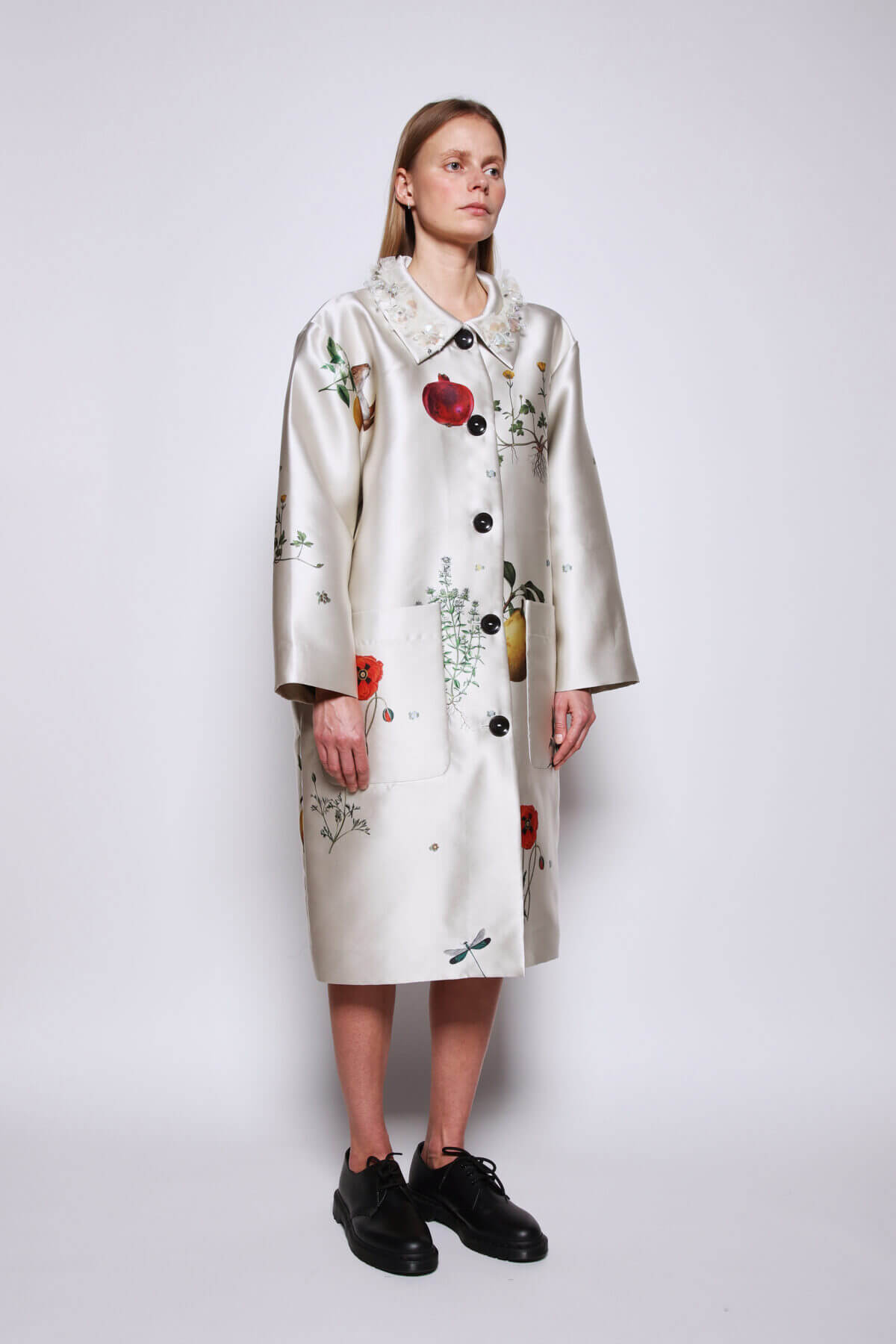 Garden Print Satin Coat with Hand Bead Detail, view 2