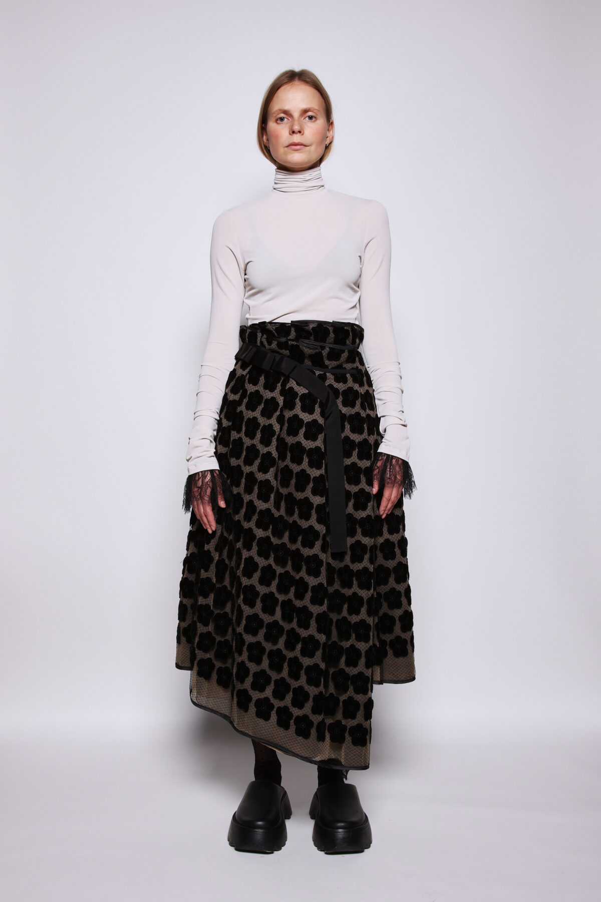 Shifted Lace Skirt With Velvet Florals, view 2