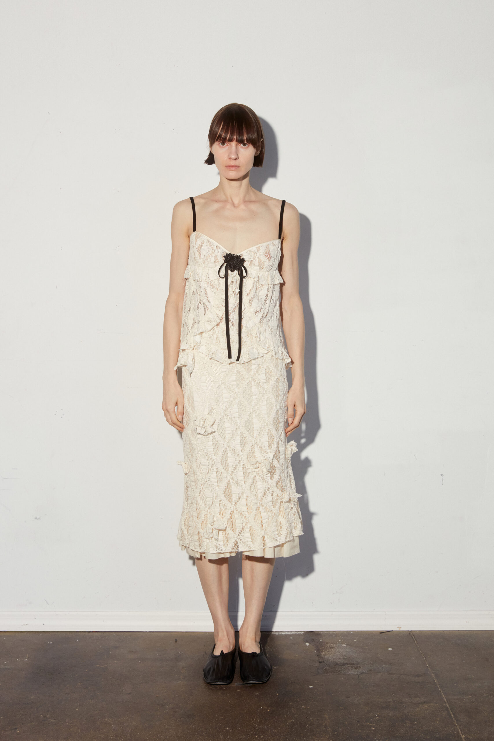 Short Sleeve Ruffled Lace Mesh Top In Cream