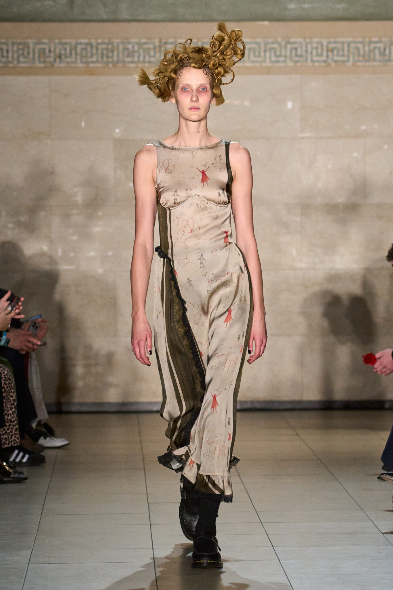 Runway look: long beige slip dress with a gold headpiece, Meruert Tolegen Fall/Winter 2025