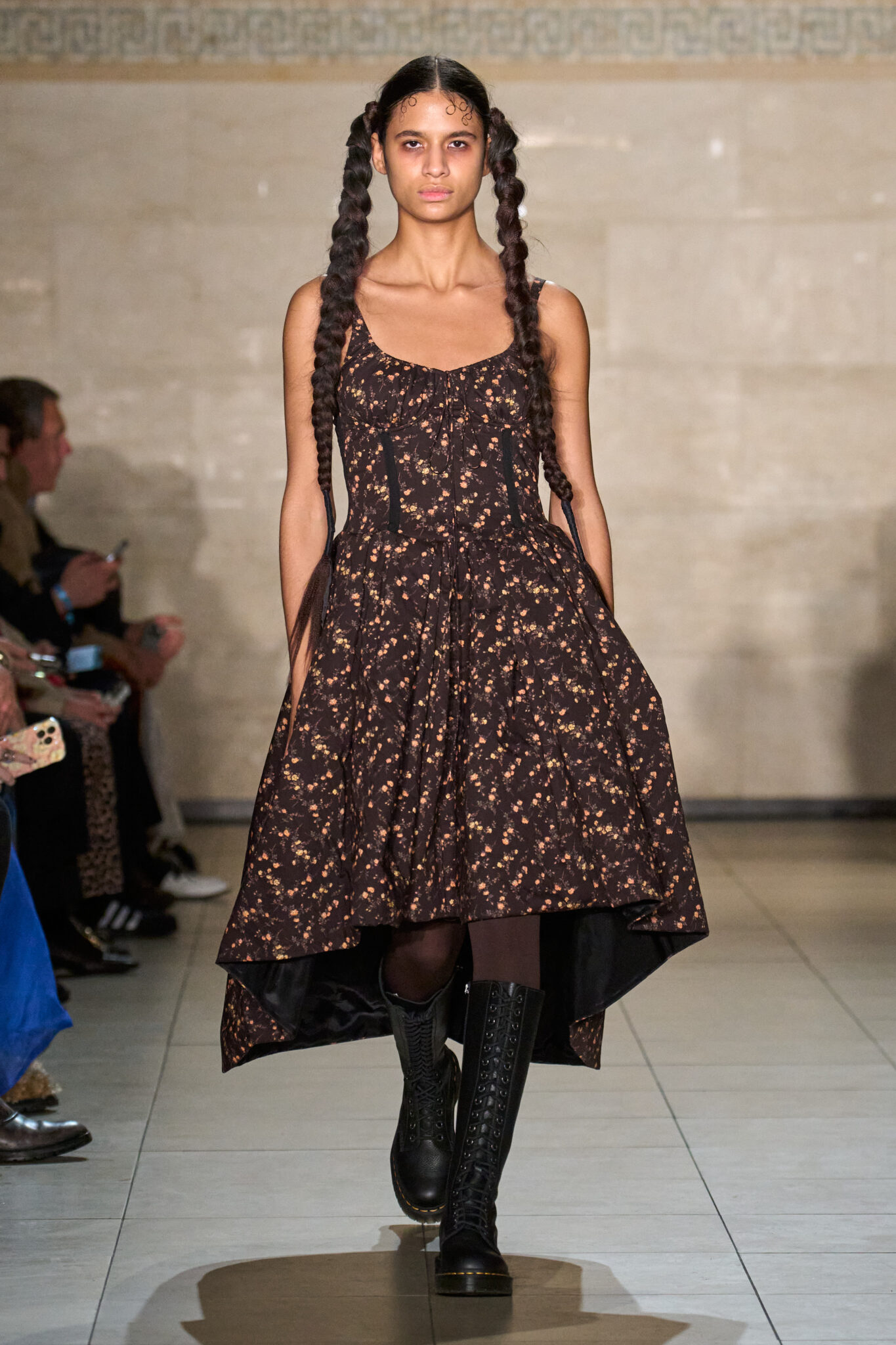 Runway look: brown floral full-skirt dress, Meruert Tolegen Fall/Winter 2025