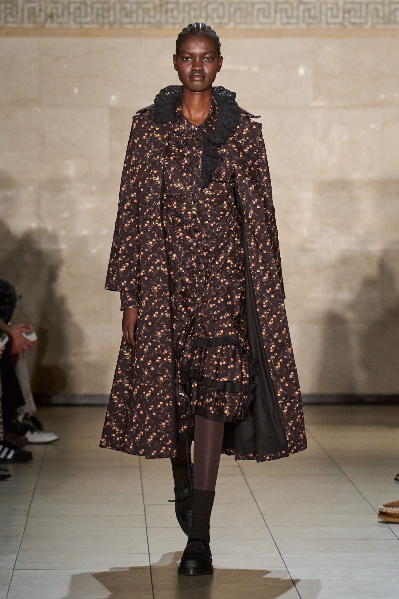 Runway look: long brown floral coat, Meruert Tolegen Fall/Winter 2025