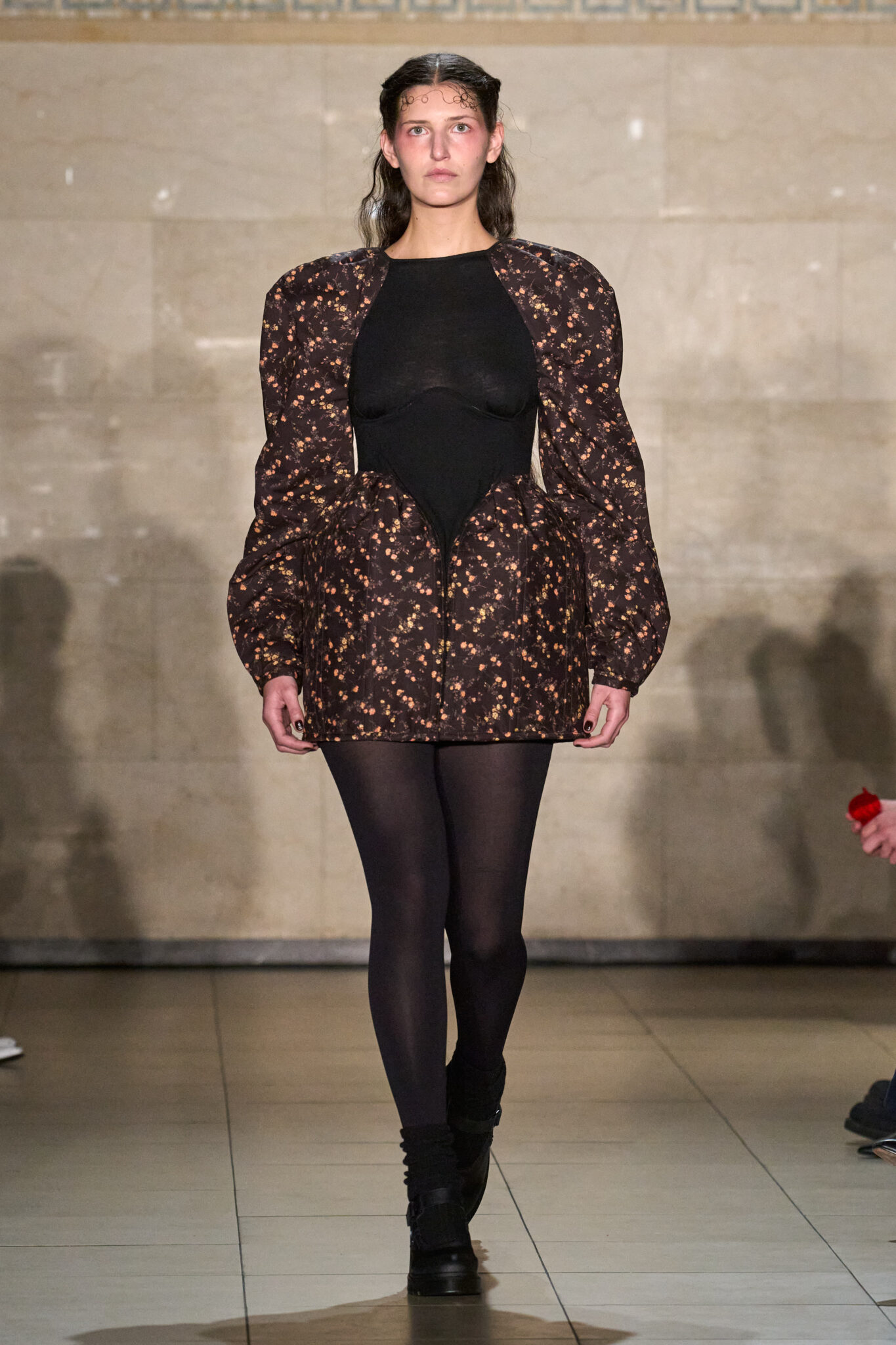 Runway look: brown floral jacket with black tights, Meruert Tolegen Fall/Winter 2025