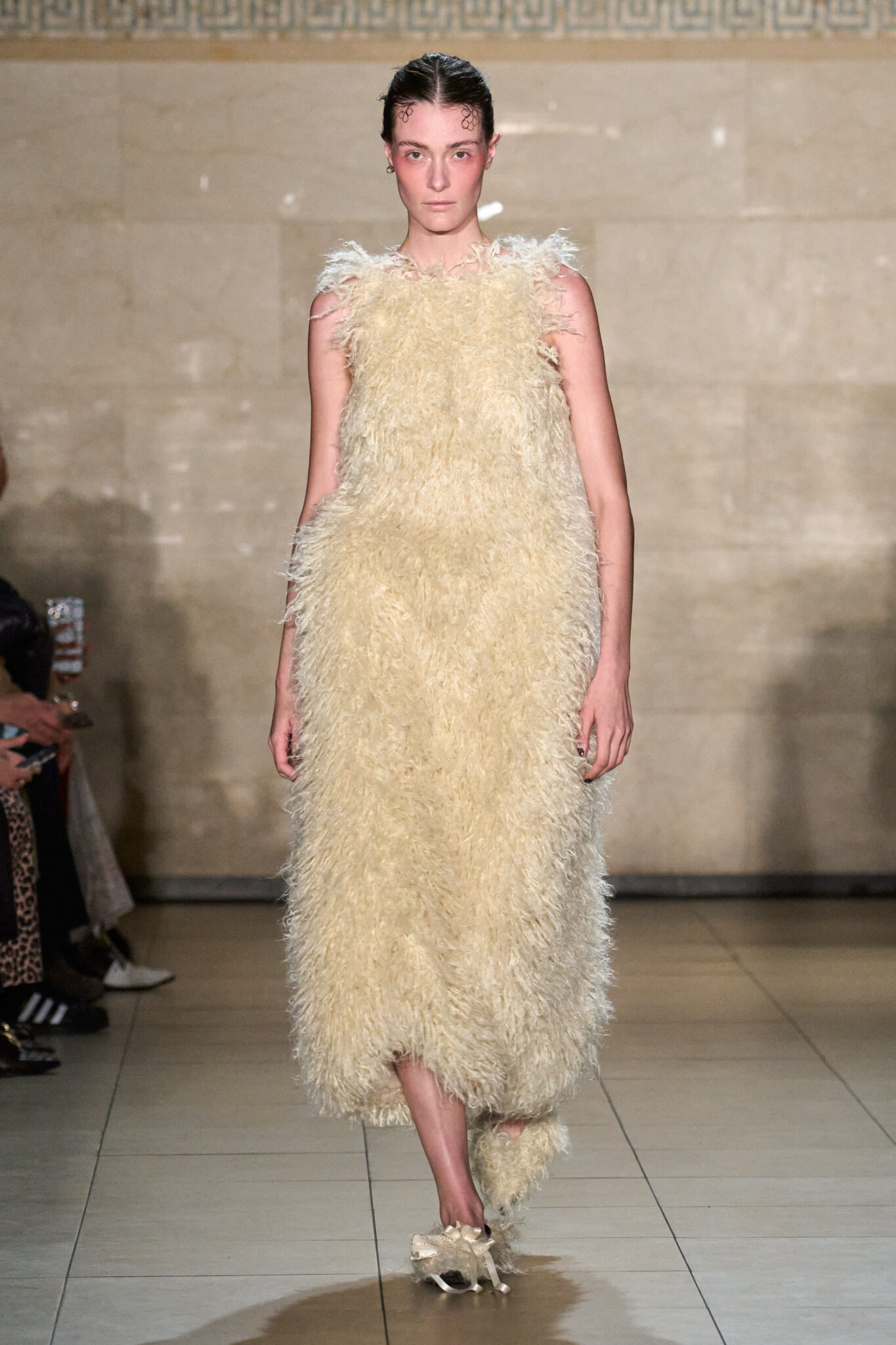 Runway look: cream feathered textured dress, Meruert Tolegen Fall/Winter 2025