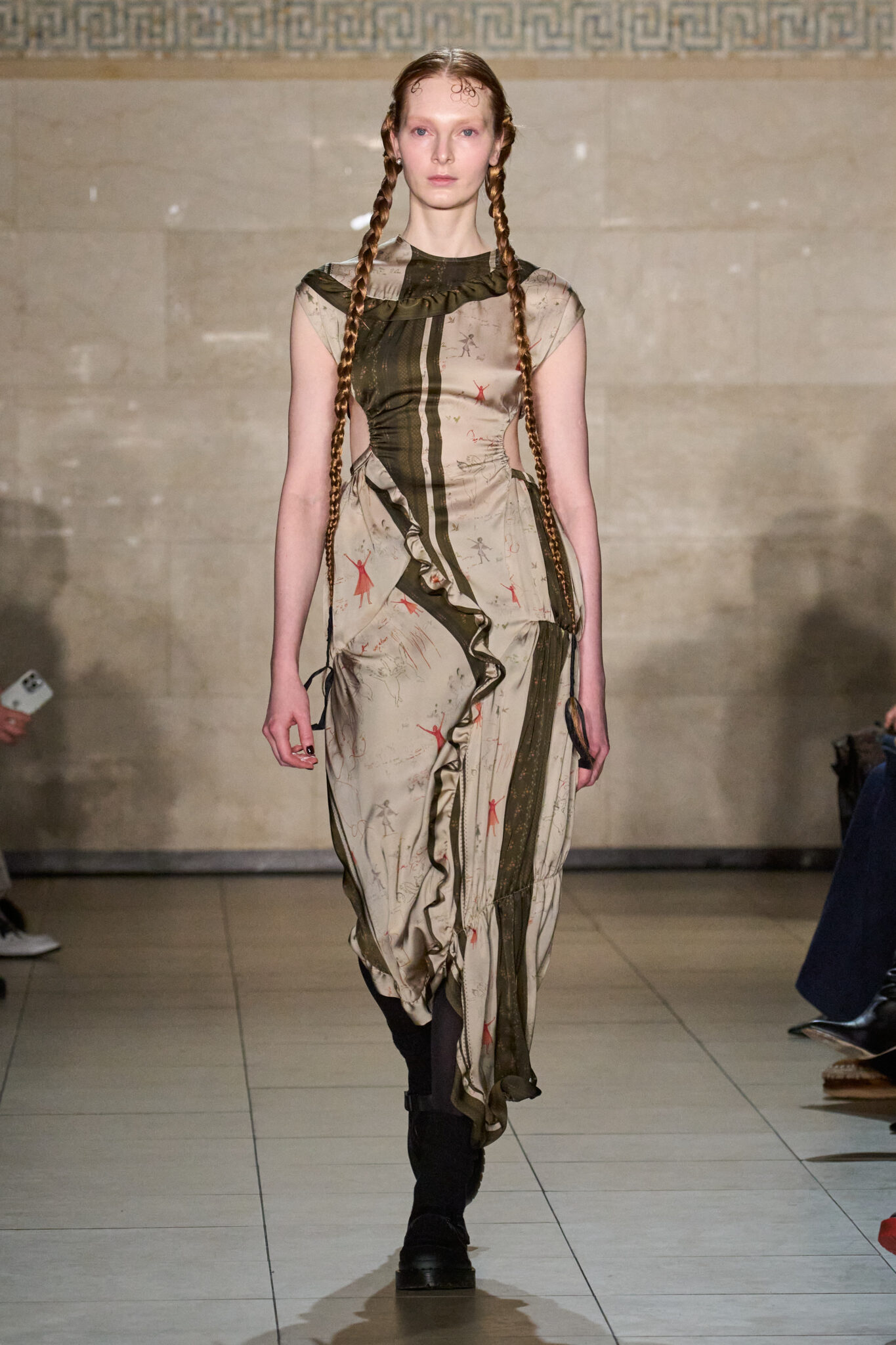 Runway look: long olive satin slip dress, Meruert Tolegen Fall/Winter 2025